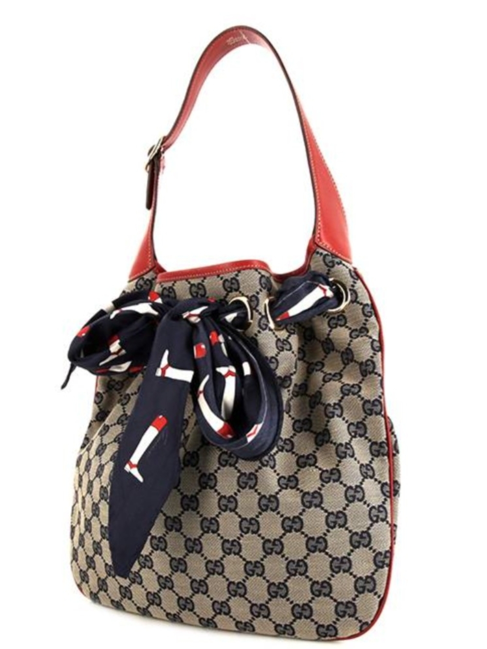 Gucci Beige Positano GG Canvas Hobo with Red Leather Trim and Navy Scarf